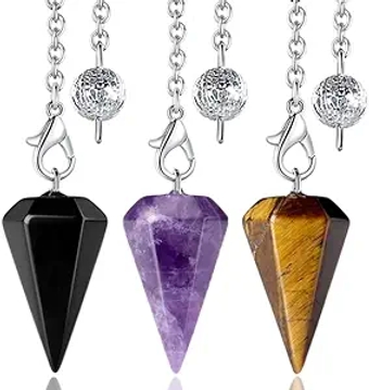 3 Pcs Crystal Pendulums Set for Divination Dowsing Natural Amethyst Tiger Eye Black Obsidian Healing Crystal Quartz Reiki Gemstone Pendants Witchcraft Wiccan Accessories