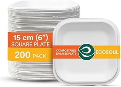 Pearl White 6 Inch Square [2 Packs of 100] Paper Plates (PFAS free) | 100% Compostable Disposable Bagasse I Heavy-Duty Eco-Friendly Dinner Plates I Biodegradable Sugarcane Eco Plates