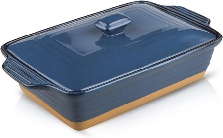 Ceramic Casserole Dish with Lid Oven Safe, 3.5 Quart Large Casserole Dish, Covered Rectangular Casserole Dish Set, 9x13 Casserole Dish, Baking Dishes for Casseroles, Farmhouse Style (Blue)