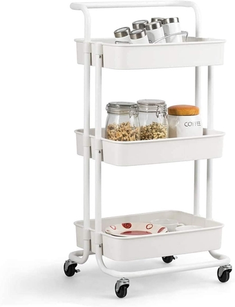 3-Tier Utility Cart, Heavy-Duty Rolling Storage Cart with Plastic Cut-Outs Basket, Multi-Purpose Metal Trolley Organizer Cart with Casters for Bathroom Kitchen Kids’ Room Laundry Room, White
