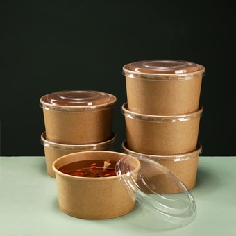 50 Pack Paper Bowls with Lids, Takeaway Kraft Brown Container, Party/Picnic Supplies for Hot/Cold Food, Soup (32 OZ)