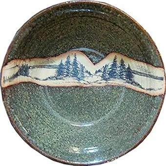 16 Inch Extra Large Serving Bowl in Mountain Scene design and Seamist Glaze - Handmade Ceramic Pottery Bowl - Handcrafted Polished Stoneware - Unique & Stylish Glazed Bowl