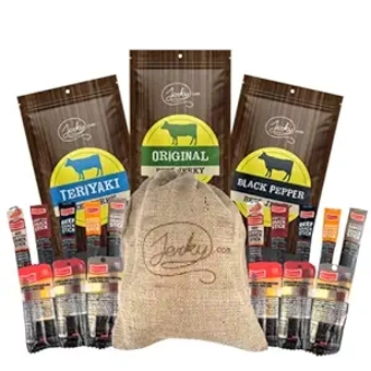 19 Piece Beef Jerky Gift Bag - 3 Flavors of Beef Jerky and 16 Assorted Meat and Cheese Sticks - Unique Gift Basket for Men
