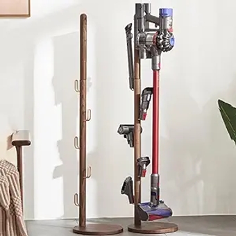 Vacuum Stand for Dyson V12 V11 V10 V8 V7 Digital Slim, Ash Wood Dyson Accessory Holder, Attachment Holder, Stable Stand Storage Organizer Rack with 5 Metal hooks(Walnut)