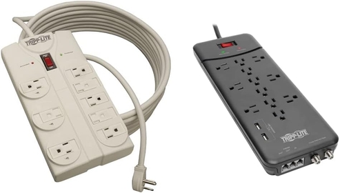 8 Outlet Surge Protector Power Strip, White & TLP128TTUSBB 12 Outlet Surge Protector Power Strip, 2 USB Charging Ports, Tel/Modem/Coax Protection, 8ft Cord Right Angle Plug, Black