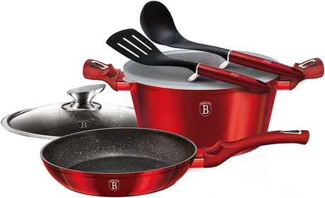 Berlinger Haus Stainless Steel Cookware Set – Ergonomic Soft Touch Handle, Turbo Induction Based and Elegant Design – include Frypan, Casserole with lid and Utensils | 6 -Piece Metallic line