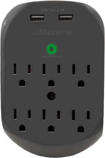 6 Outlet Dual USB Adaptor Plug Grounded 2.4A Port 490 Joules Surge Protector, USB Charger, Gray