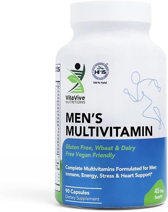 Men’s Multivitamins – 90 Capsules – Vitamin A, Zinc, B12, Calcium, Vitamin C, Vitamin D - Vegan, Halal - Gluten, Wheat, Dairy Free.