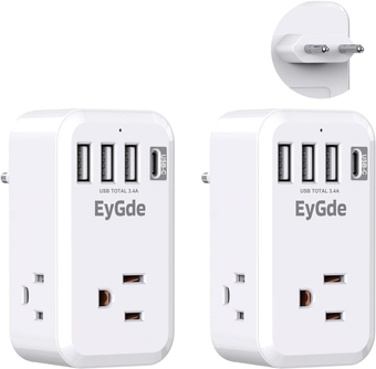2 Pack USB C European Travel Plug Adapter,  International Power Plug Converter with 3 American Outlets, 1 Type C and 3 USB, US to EU Plug Adapter for France, Germany, Greece, Italy, Israel