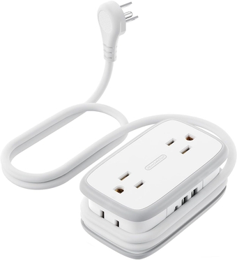 Travel Power Strip with USB C,  4 Outlets 3 USB(1 USB-C), 4ft Flat Plug Extension Cord with USB C Ports, Portable Power Strip Flat Plug, Compact for Travel Hotel Cruise Essentials, White