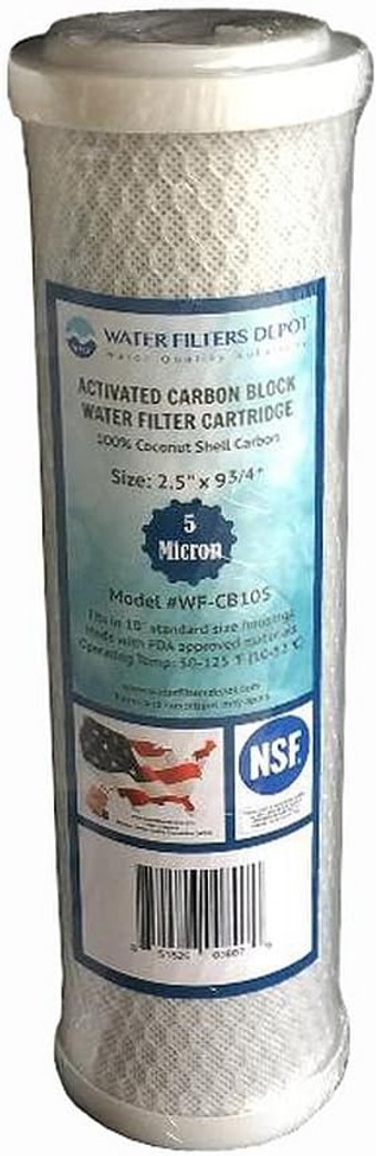 WFD, WF-CB105 2.5-inch x 9-3/4-inch Activated Carbon Block Water Filter Cartridge, fits in 10-inch Standard Size housings of undersink RO or Filtration Systems (1 Pack, 5 Micron)