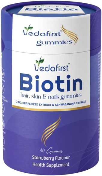 Biotin Gummies for Hair Growth, Bright Skin & Strong Nails | Vitamin A to E, Folic Acid, Zinc, Grapeseed Extract etc. for Men & Women, 30 Gummies | 100% Vegetarian | Gelatin Free