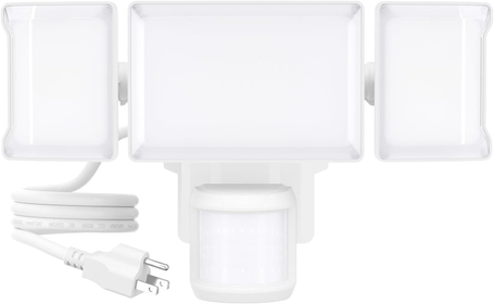 55W Motion Sensor Outdoor Light Plug in, Flood Light Motion 3 Heads, 5500LM LED Security Light IP65 Waterproof, Motion Activated 6500K PIR Sensor Lighting for Garage Yard Porch Patio, White