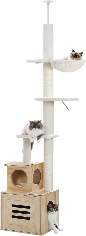 MUTTORS Cat Tree Floor to Ceiling Cat Tower for Indoor Cats, Cat Condo for Indoor Cats Adjustable Height 90.6-110.2", 6 Tiers Modern Cat Tree with Litter Box Enclosure, Scratching Post, Beige