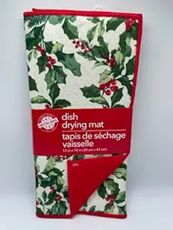 Dish Drying Mat with Holly and Berries on Front and Solid Red on Back - 12" x 18"