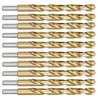 10pcs 1/2 inch x 6 inch Titanium Drill Bits, High Speed Steel Twist Drill Bits, Jobber Length, Round Shank. Ideal for DIY, Home, General Building and Engineering Using.