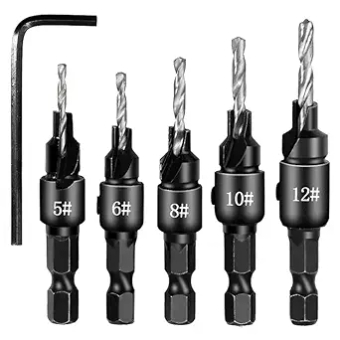Countersink Drill Bit Set for Wood,1/4'' Hex Shank Counter Sinker Drill Bit Set, 5 Pc Countersink Drill Bits#5, 6, 8, 10, 12 Drill Bits