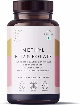 PalakS Vitamin B12 (Methylcobalamin) + Folate (Methylfolate) + Vitamin B6 - Energy- Brain - Heart I Chewable Tablets: 60 Chews (60)