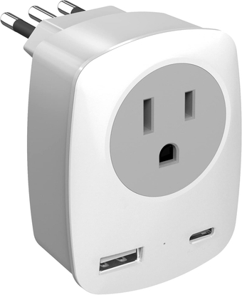 Italy Travel Adapter Type-L Plug Adapter with 1 USB-C & 1 USB-A & 1 American AC Outlet, US to Italy Chile International Power Adaptor USB Travel Charger for iPhone iPad Laptop (NOT Voltage Converter)