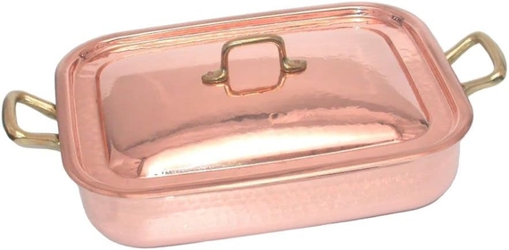 Made in Italy Rectangular Copper Oven Tray With Lid -12.6 x9.8 x2.6 inch-3.4 Qt -Professional Tin Plated Copper Oven Tray - Lasagna Pan -Roasting Pan with 2 Handles of1.6 Inch