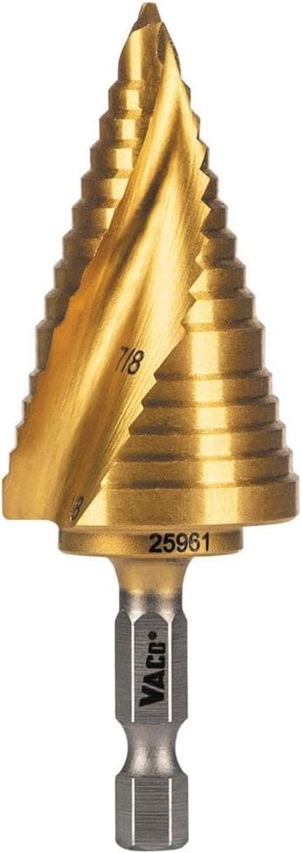 25961 Step Drill Bit, 7/8 to 1-1/8-Inch, Spiral Double-Fluted, Cut Thin Metal, Plastic, Aluminum, Wood, 1/4-Inch Hex Shank, VACO