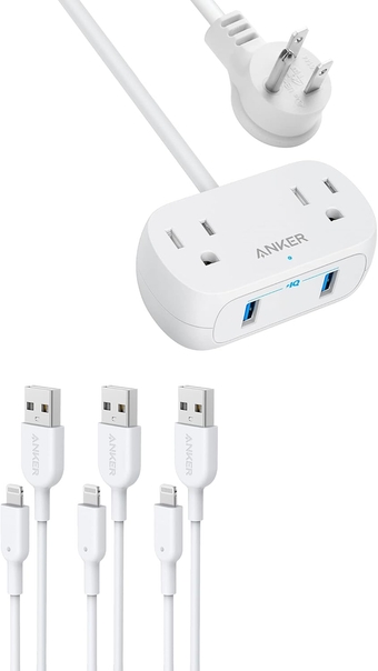 Power Strip & Powerline II Lightning Cable (3-Pack), with USB PowerExtend USB 2 Mini, 2 Outlets, and 2 USB Ports, Flat Plug, 5 ft Extension Cord