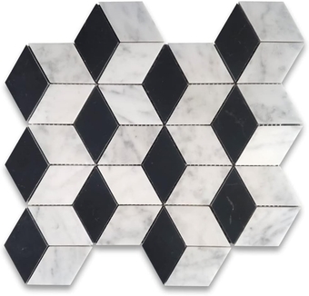 Carrara White Marble 2x3 Illusion 3D Cube Rhombus Diamond Hexagon Mosaic Tile w/Nero Marquina Black Honed Kitchen Bath Wall Floor Backsplash Shower (1 Sheet)