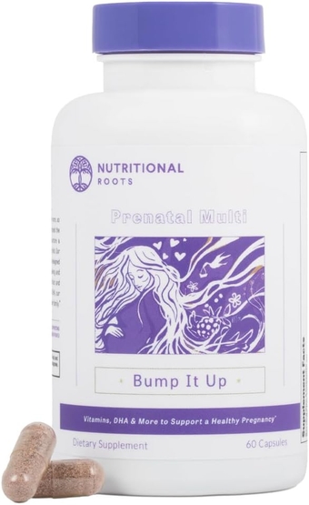 Prenatal Vitamins with DHA - Whole Food Vitamins with Folate, Probiotics and Regenerative Organic Ingredients, Without Iron, Without Iodine, Bump It Up, 30 Servings