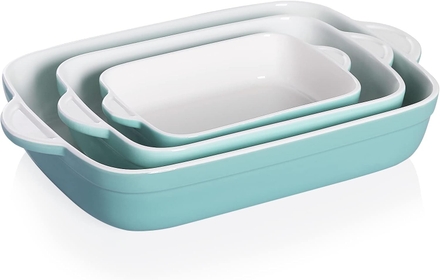 Casserole Dish for Oven, Ceramic Non-Stick Roasting Baking Dish Sets of 3, Rectangular Lasagna Pan Deep for Cooking, Cake Dinner, Banquet, 13 x 9.4 Inch Bakeware with Handles (Turquoise)