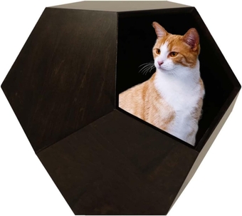 Cat House Wooden Cat Condo Modern Cat Bed for Indoor Cats Large Luxury Cat Beds & Furniture, Geometric Cat House Cat Scratching Posts Side Table (Dark Walnut)