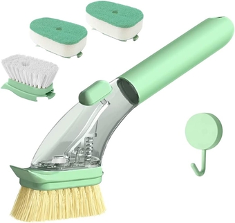 Dish Brush with Handle, Dish Scrubber with Soap Dispenser, Kitchen Scrub Brush for Dishes Pots Pans Sink Cleaning, 4 Replaceable Brush Heads (Green)