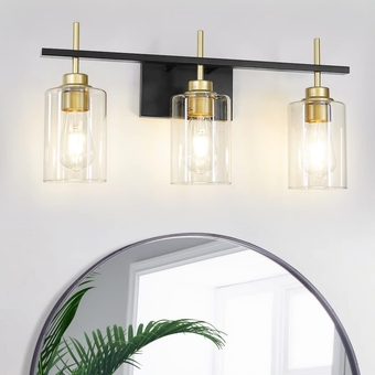 3-Light Bathroom Light Fixture, Modern Bathroom Vanity Lights Over Mirror, Black and Gold Wall Sconce with Thicker Glass Shade for Mirror Bedroom Living Room Hallway Cabinet Porch 22.8" Length