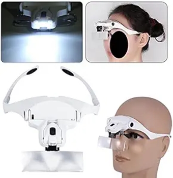 Headband Headset Magnifier, 5 Different Lenses Adjustable Loupe Visor Eyeglasses Bracket Interchangeable 2 LED Lights for Eye Lashes Extensions Tool