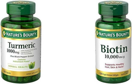 Turmeric with Black Pepper Extract, Supports Antioxidant Health, 1000mg, 60 Capsules & Biotin, Supports Healthy Hair, Skin and Nails, 10,000 mcg, Rapid Release Softgels