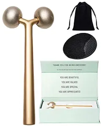 Face Sculptor + Face Scrubber (2-in-1): Metal Face Massage Roller for Contour Jawline, Skin Tightening, Lymphatic Drainage, Puffiness Relief. Facial Massager & Silicone Exfoliator with Travel Bag