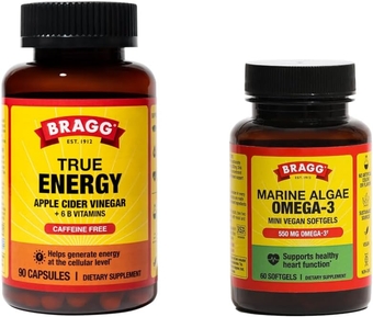 True Energy Apple Cider Vinegar Capsules & Vegan Omega-3 Softgels - 6 B Vitamins – Caffeine Free - Sustainably Sourced Algae - 750mg of Acetic Acid – Helps Support Brain, Eye & Heart Health - Non-GMO