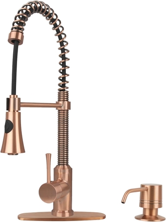 Copper Kitchen Faucet with Soap Dispenser, Single Handle Solid Brass High Arc Pull Down Sprayer Head Kitchen Sink Faucets with Deck Plate