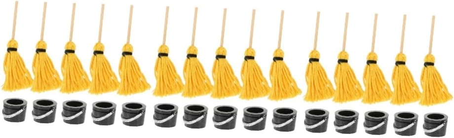 15 Sets Mini Mop Witch Mop Props Halloween Miniatures Mini Halloween Broom Bucket Mini Straw Broom Mini Bucket Mop Model Witch Broom Miniature Broom for Doll Child Clean House