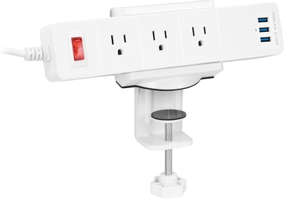 Power Strip Holder Clamp Desk Mount with Included Surge Protector | White Desktop Power Outlet with 3 USB Ports and 3 AC Power Outlets | Adjustable Power Strip Clamp Mount
