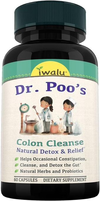 Dr Poos Colon Cleanse Detox & Repair - Fast Acting Constipation Relief, Extra Strength Cleansing & Bloating Support, Probiotic, Cascara Laxative, Bentonite Psyllium Fiber Supplement 60 Capsules