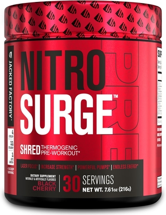 NITROSURGE Shred Pre Workout Supplement - Energy Booster, Instant Strength Gains, Sharp Focus, Powerful Pumps - Nitric Oxide Booster & PreWorkout Powder - 30Sv, Black Cherry
