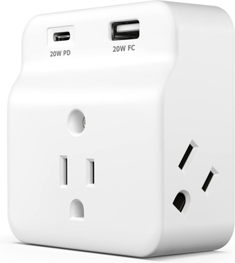 USB-C PD Surge Protector 3-Outlet Wall Tap, USB-C Power Delivery Charger and USB-A Fast Charging Port, 500J Surge Protection, Wall Mountable Outlet Adapter for Home, Office, Dorm Essentials, White
