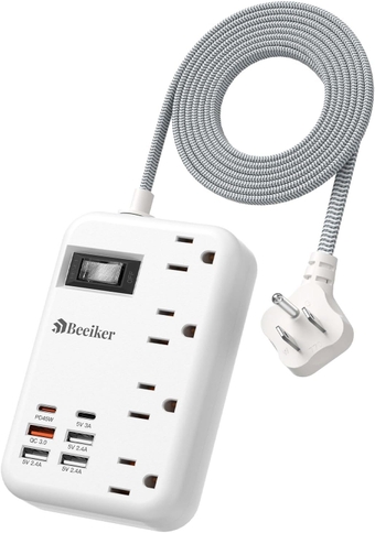 45W USB C Surge Protector Power Strip, Travel Power Strip with 6 USB(2 USB C) Ports and 4 Outlets,5Ft Flat Plug Braided Extension Cord, PD 45W Fast Charging for MacBook Laptops iPad Pro iPhone Samsung