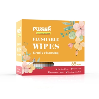 Flushable Butt Wipes Individually Wrapped Feminine Wipes for Women & Adults with Jasmine Scent, Vitamin-E & Aloe for at-Home Use ( 65 Count, pack of 1)