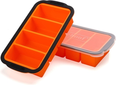1-Cup Extra Large Freezing Tray with Lid, 2 PACK, Food Freezer Container Molds for soup,broth,sauce or butter, Ice Cube Trays - makes four great portions 1cup Cube(2 PACK, Orange)