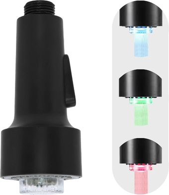 Kitchen Faucet Pull Down Spray Head with LED Lights ，3-Function Sink Spray Nozzle ，Fit for Kitchen Sink Faucet ，Pull-Down Spring Single Handle Stainless Steel faucets(Matte Black)