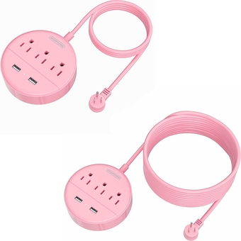 10FT and 15 FT Long Extension Cord Power Strip with USB Bundle,  Pink Charging Station with 3 Outlets and 2 USB, Travel Power Strip Flat Plug, Wall Mount for Home Office Dorm Room Cruise Ship