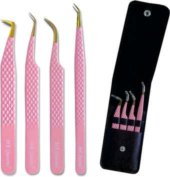 Lash Tweezers - Stainless Steel Fiber Tip Eyelash Tweezers (Set of 4) - Diamond Grip Professional Lash Tweezers for Eyelash Extensions (Pink)