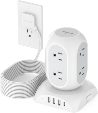 Surge Protector Power Strip Tower,  Flat Plug Extension Cord 10 Ft with 8 AC Multiple Outlets 4 USB Ports (1 USB C), 1050J Protection Desk Charging Station for Home, Office Supplies, Dorm Room