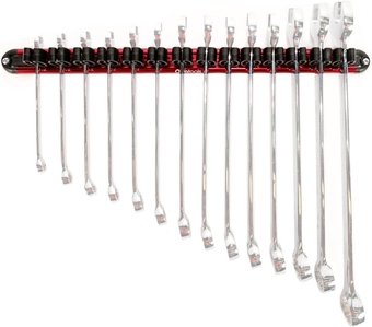 Wall Mount Wrench Organizer | Red Anodized Aluminum + Black Clips | Holds 14 Wrenches